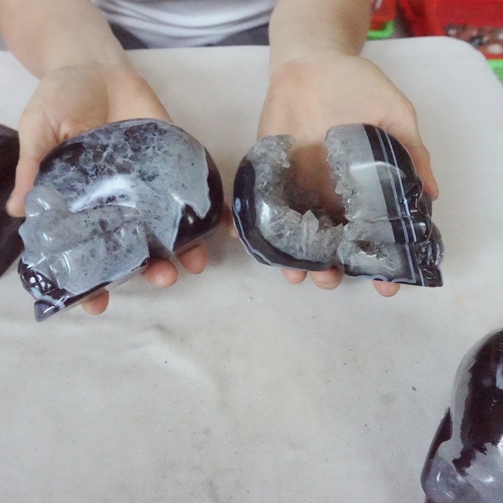 9.4LB 6 Black Banded Sardonyx Carnelian Agate Crystal Geode Skull Carved Healing