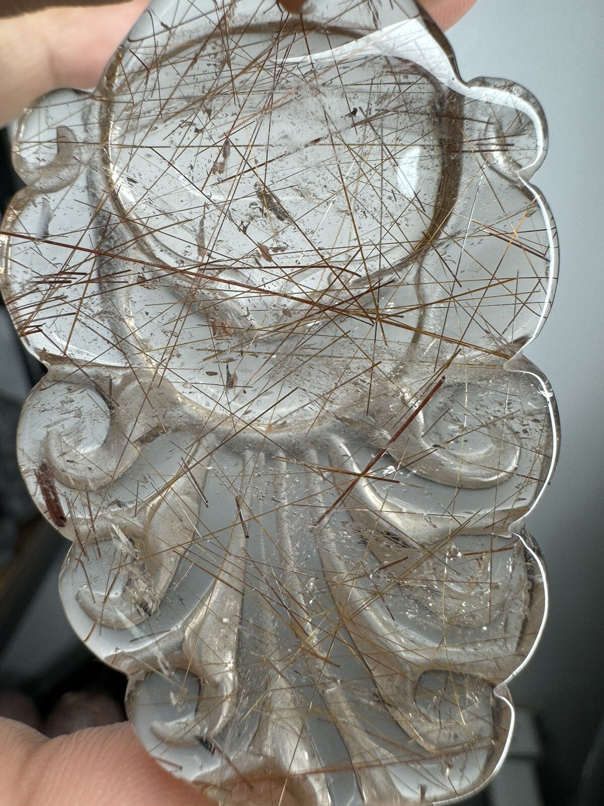 CLEAR GOLD/RED RUTILE Carved Nine-Tailed Fox Yellow Rabbit Fur Rutile Quartz 34g
