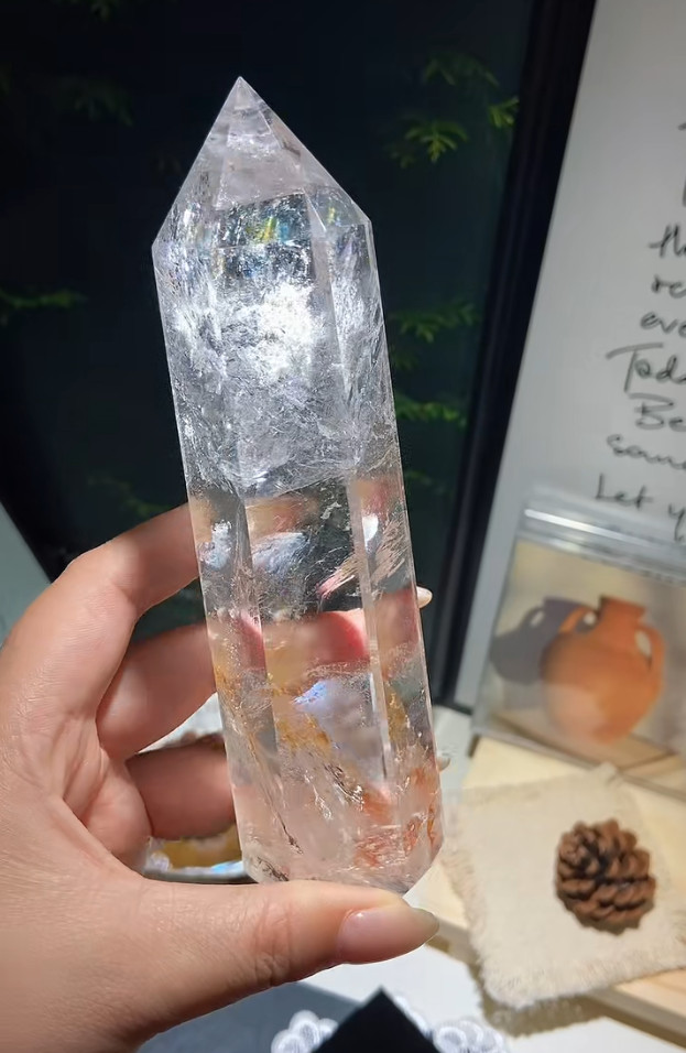 404g Natural White Clear Quartz Obelisk Crystal Tower Point Reiki Decor