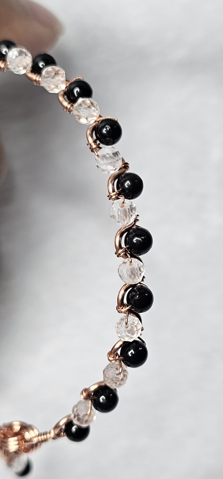 Clear Quartz and Black Tourmaline Bracelet 5mm Beads Wrapped In Copper 8 Inches