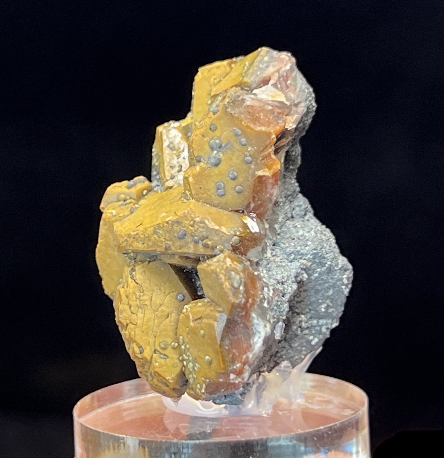 35mm Calcite & tiny Chalcopyrite with acrylic base, Natural Mineral Specimen