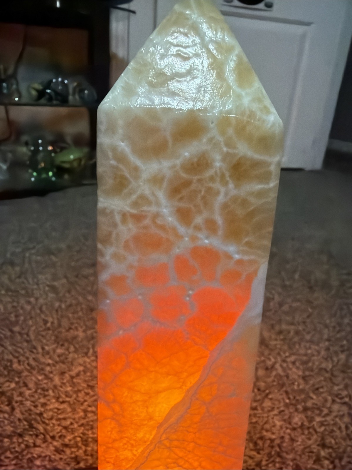 Natural Banded Orange Calcite Quartz Crystal Stone Tower Obelisk Wand Point Lamp