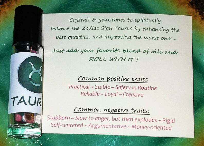 TAURUS Zodiac Roller Bottle Crystal Set for Essential Oil Astrology Wicca Gift