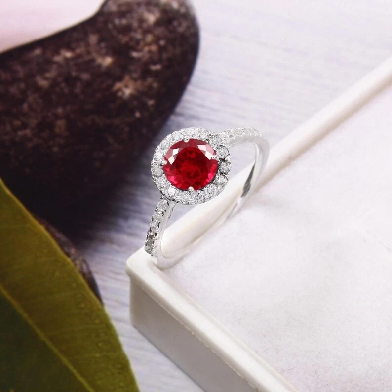 6×6 MM Round Red Ruby Ring With Zircon Accents In 925 Sterling Silver All Sizes
