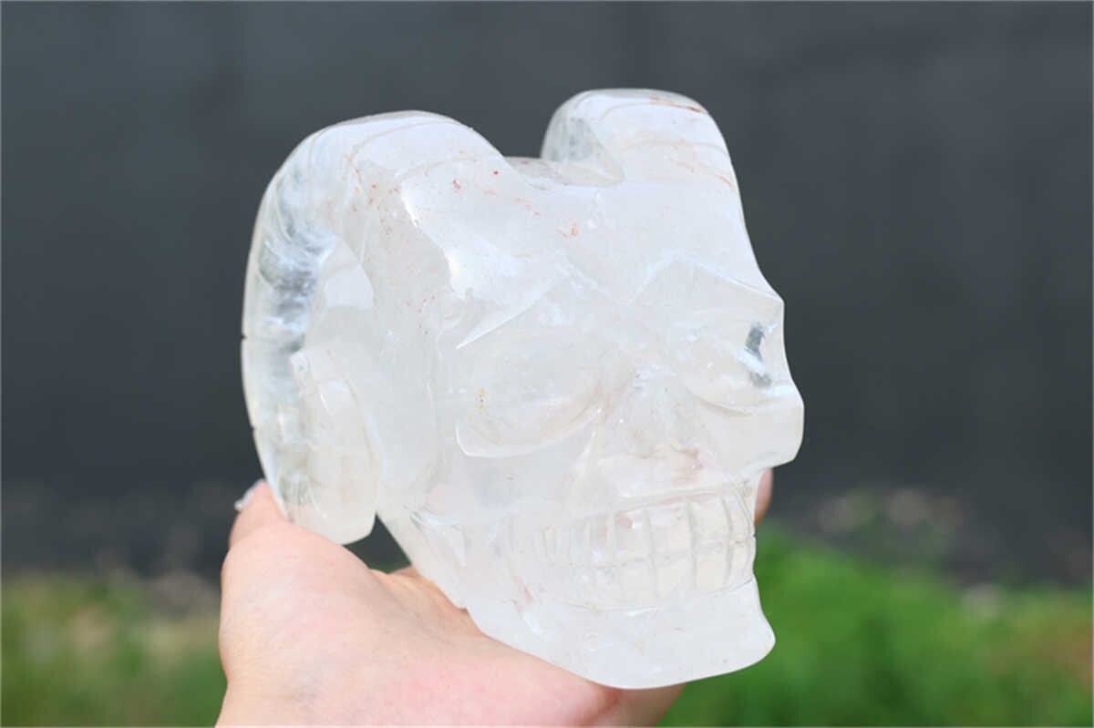 1.38kg Natural Clear Quartz Carved Sheep Skull Reiki Quartz Crystal Skull Decor