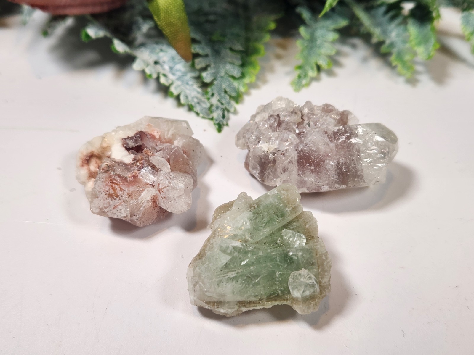 apophyllite Lot Of 3 Small crystals Green, Pink, And Red Specimens About 1 Inch