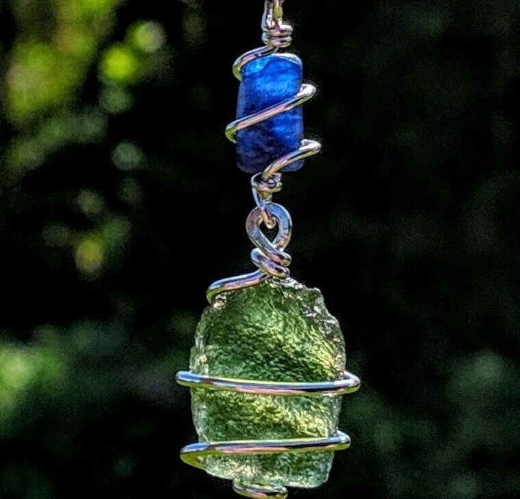 MOLDAVITE & KYANITE Necklace Tektite Crystal 925 Pendant Synergy 12 Metaphysical
