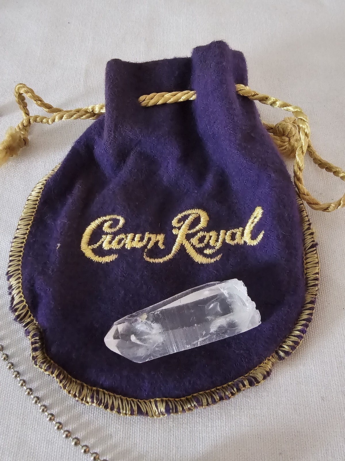 Natural Clear Quartz, Metal Pendulum pendant Royal Crown Felt Purple Pouch