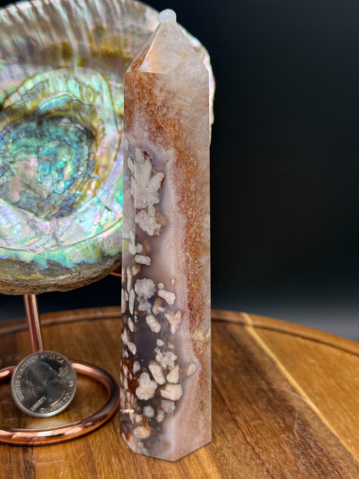 Blue Flower Agate Crystal Tower B Flash Asterism Chalcedony 6 sided Obelisk