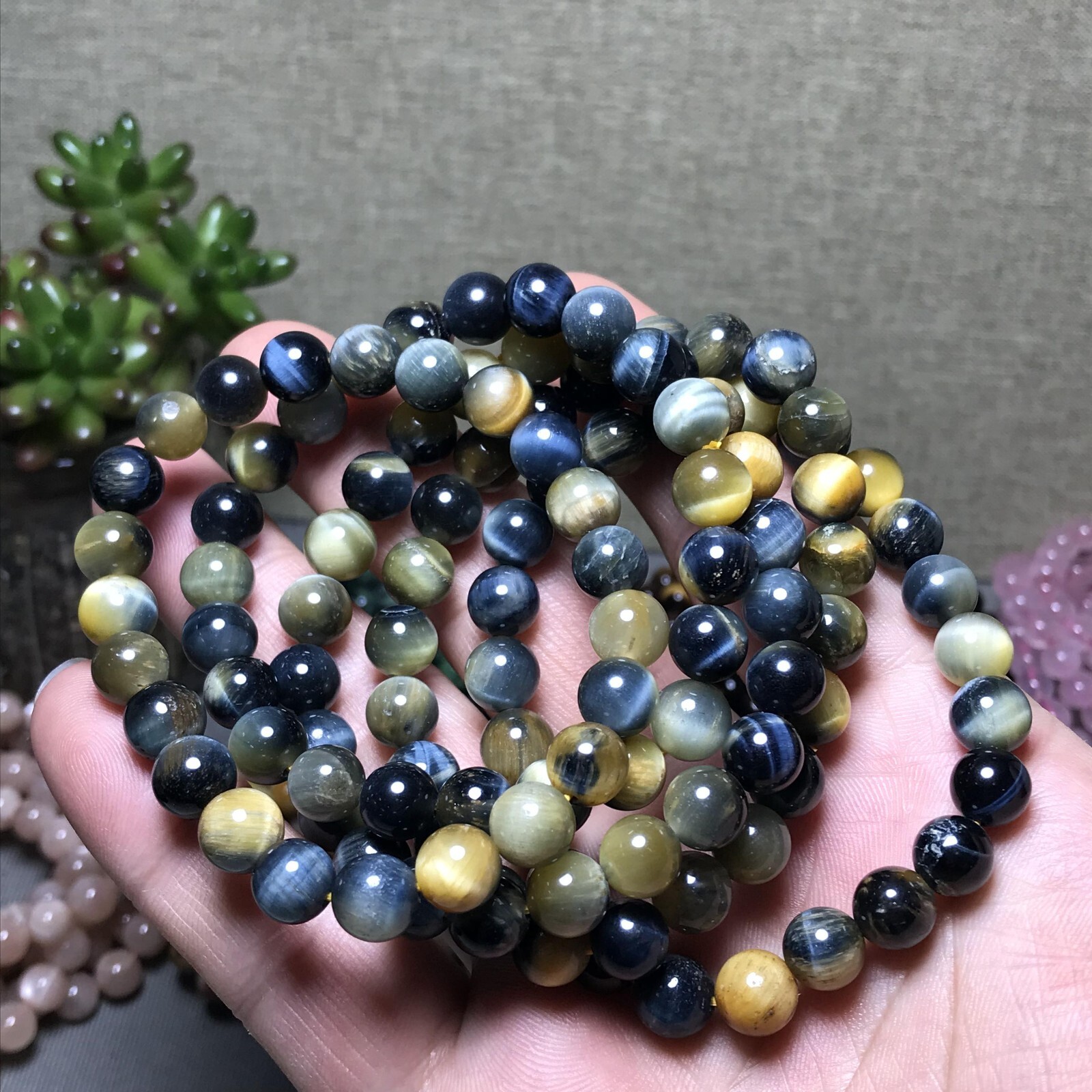 5Pcs Wholesal Natural Polish yellow Blue Tiger eye bracelets Crystal ball 8mm