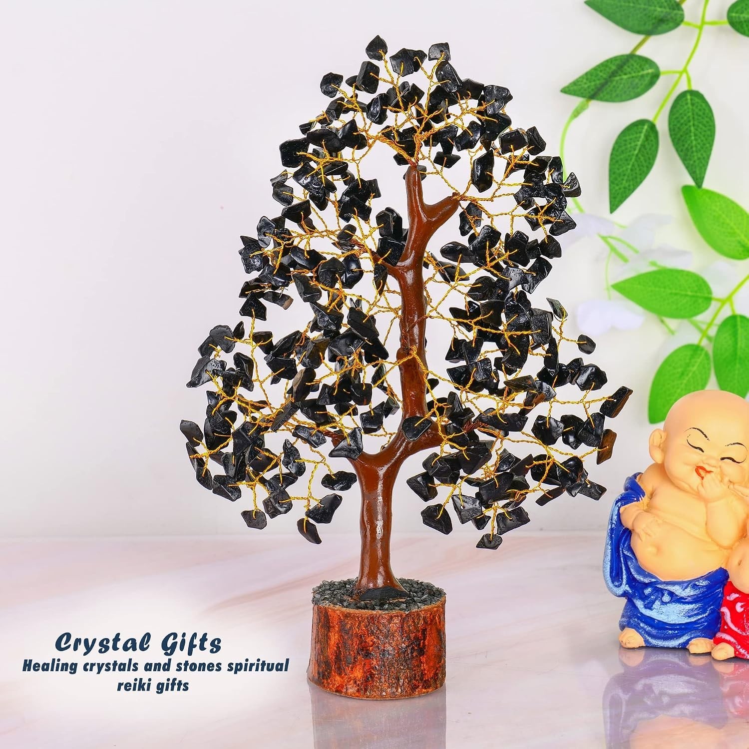 Indoor Bonsai Tree with Black Tourmaline Crystals for Luck and Happiness
