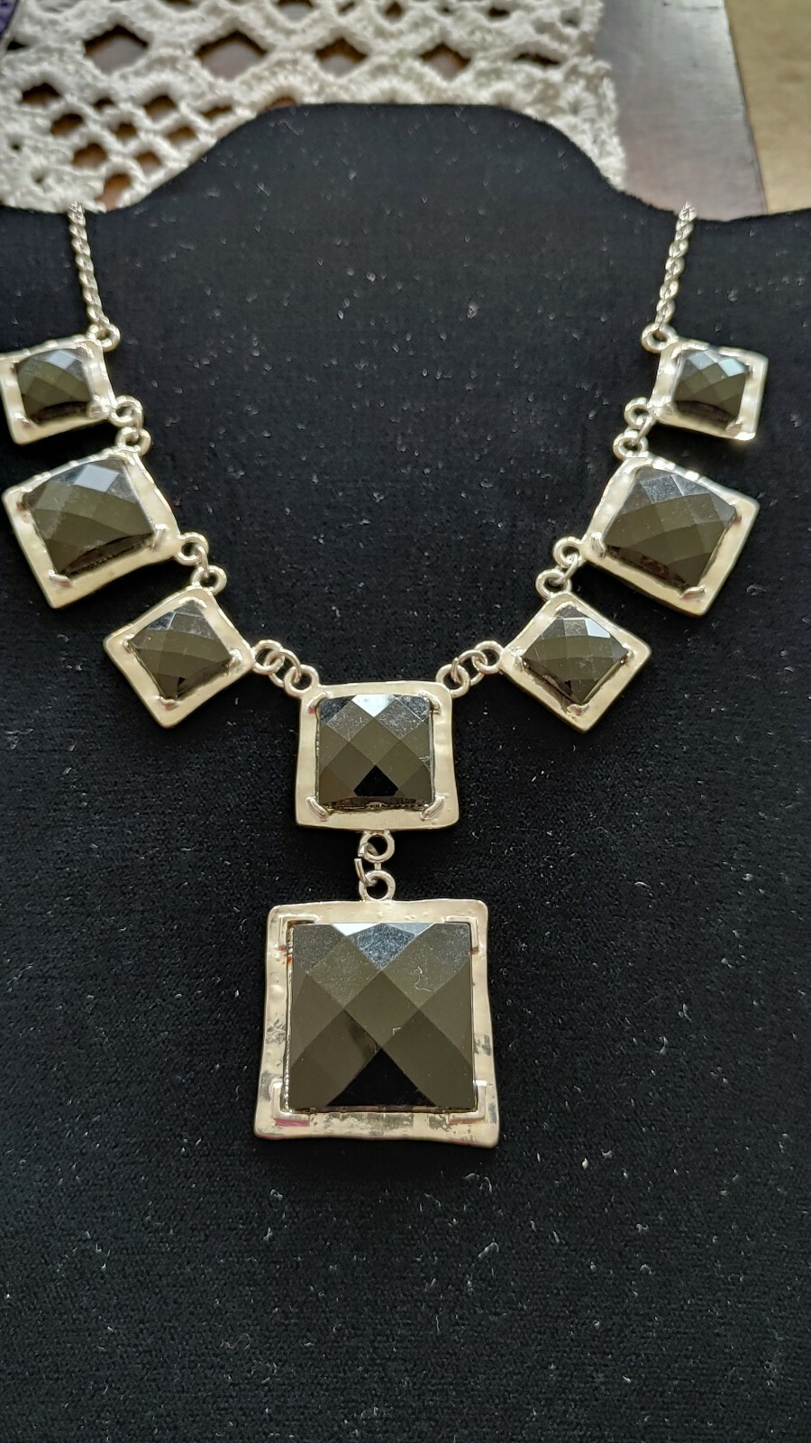 SILVER TONE 8 SQUARE NECKLACE WITH BLACK ONYX-SPIRITUAL AWAKING & PROTECTION