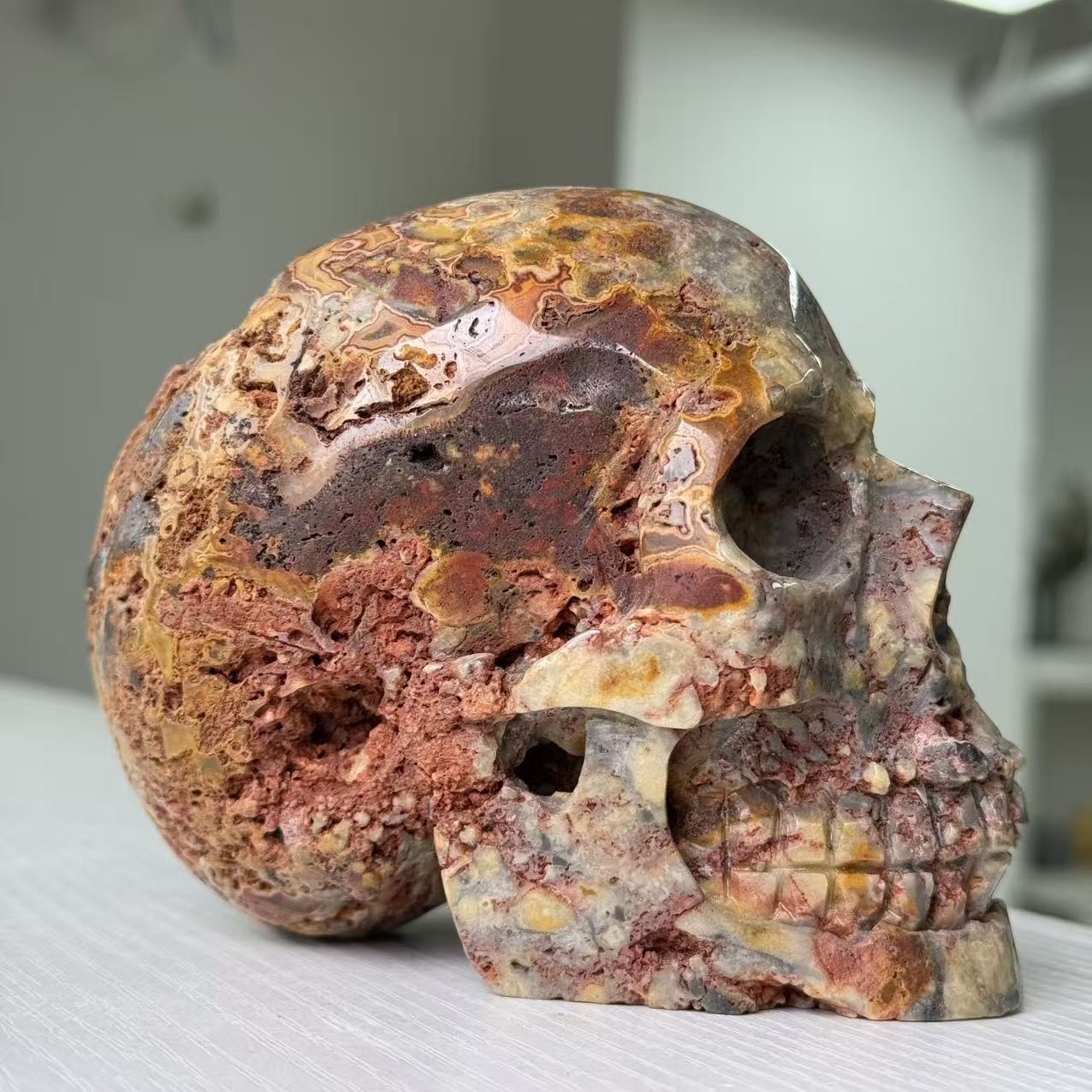 2.4LB A+Hand Carved Natural Crazy Lace Agate Skull Statue Crystal Carving Decor