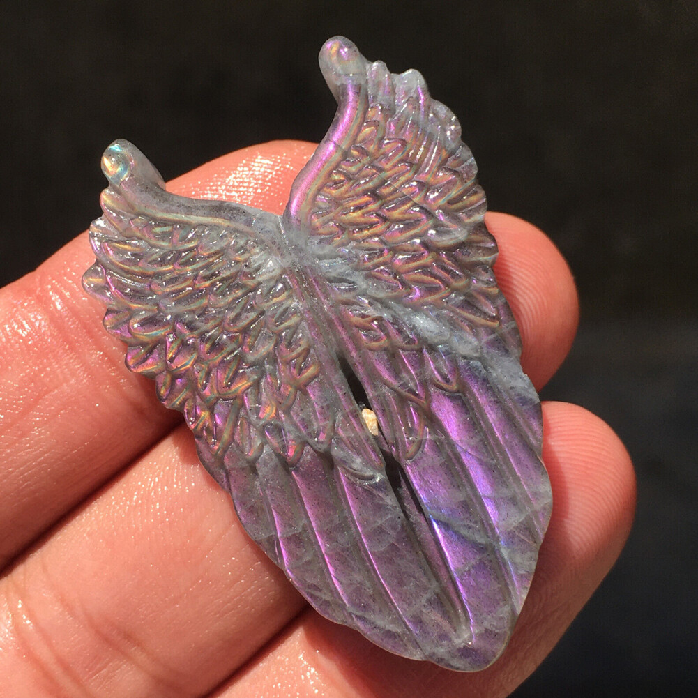 1PCS Natural Purple Labradorite Quartz Hand carved Wing Crystal Reiki healing##