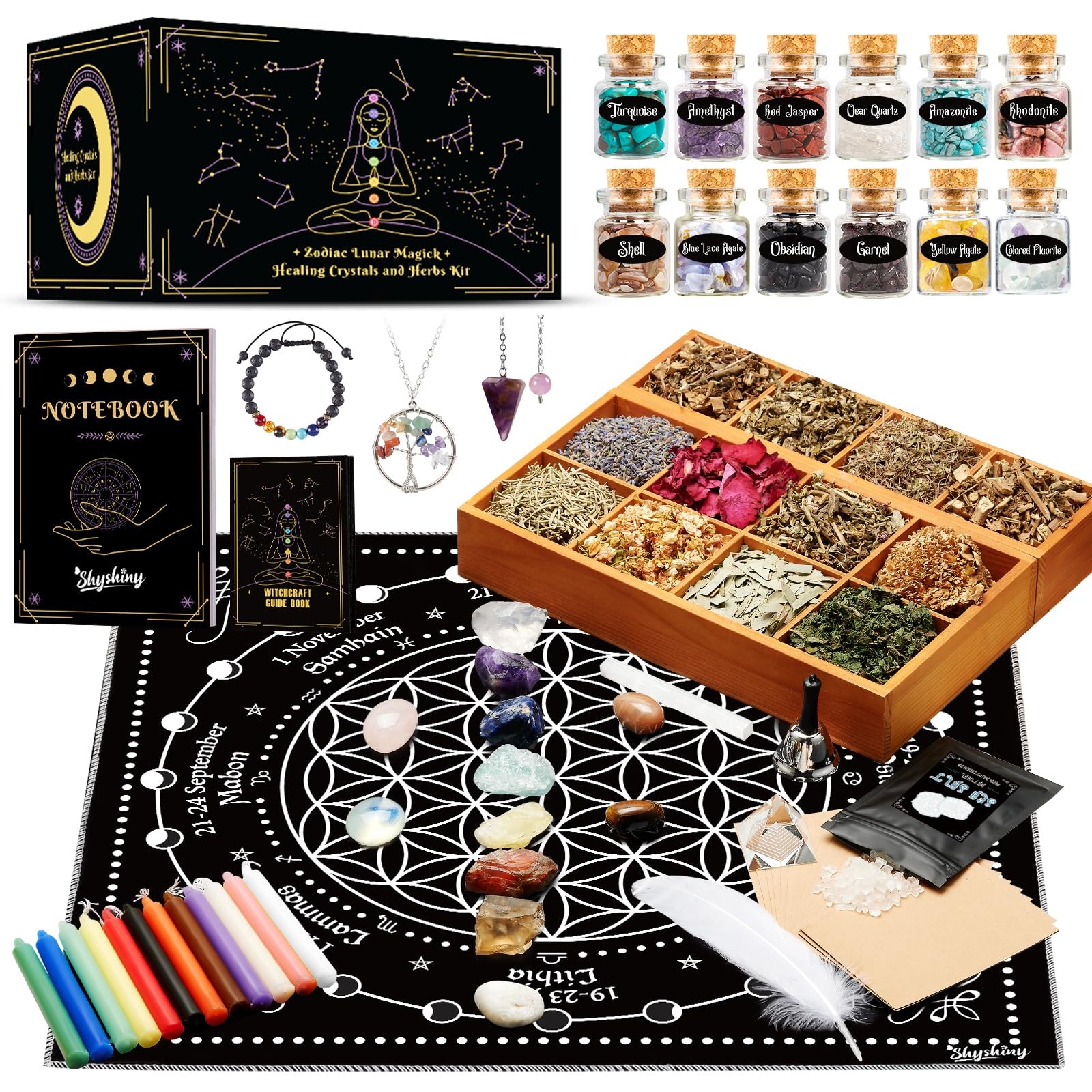 80pc Witchcraft Supplies Kit – Wiccan Starter Set w/ Crystals, Herbs, Spell Cand