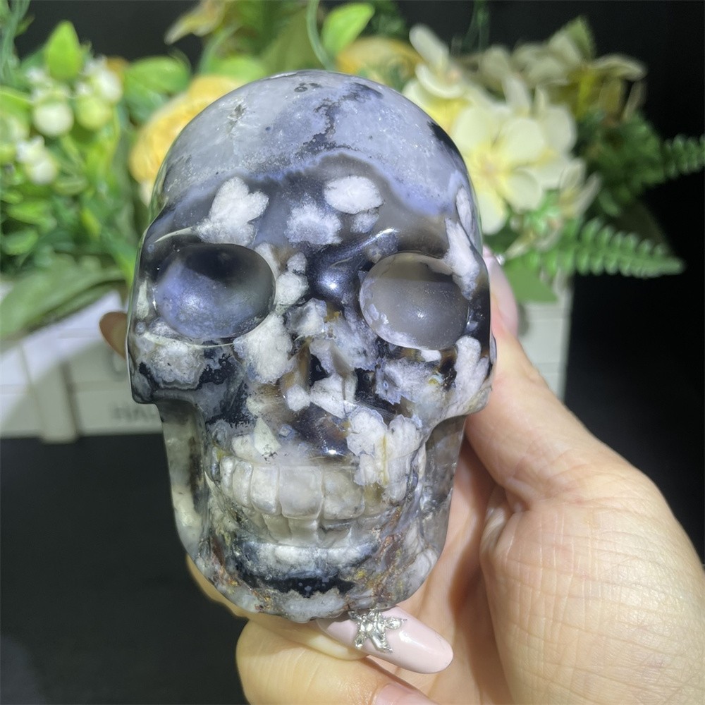 1.6LB 3.5″ Black Flower Agate Skull Carved Crystal Quartz Decor Reiki Gift