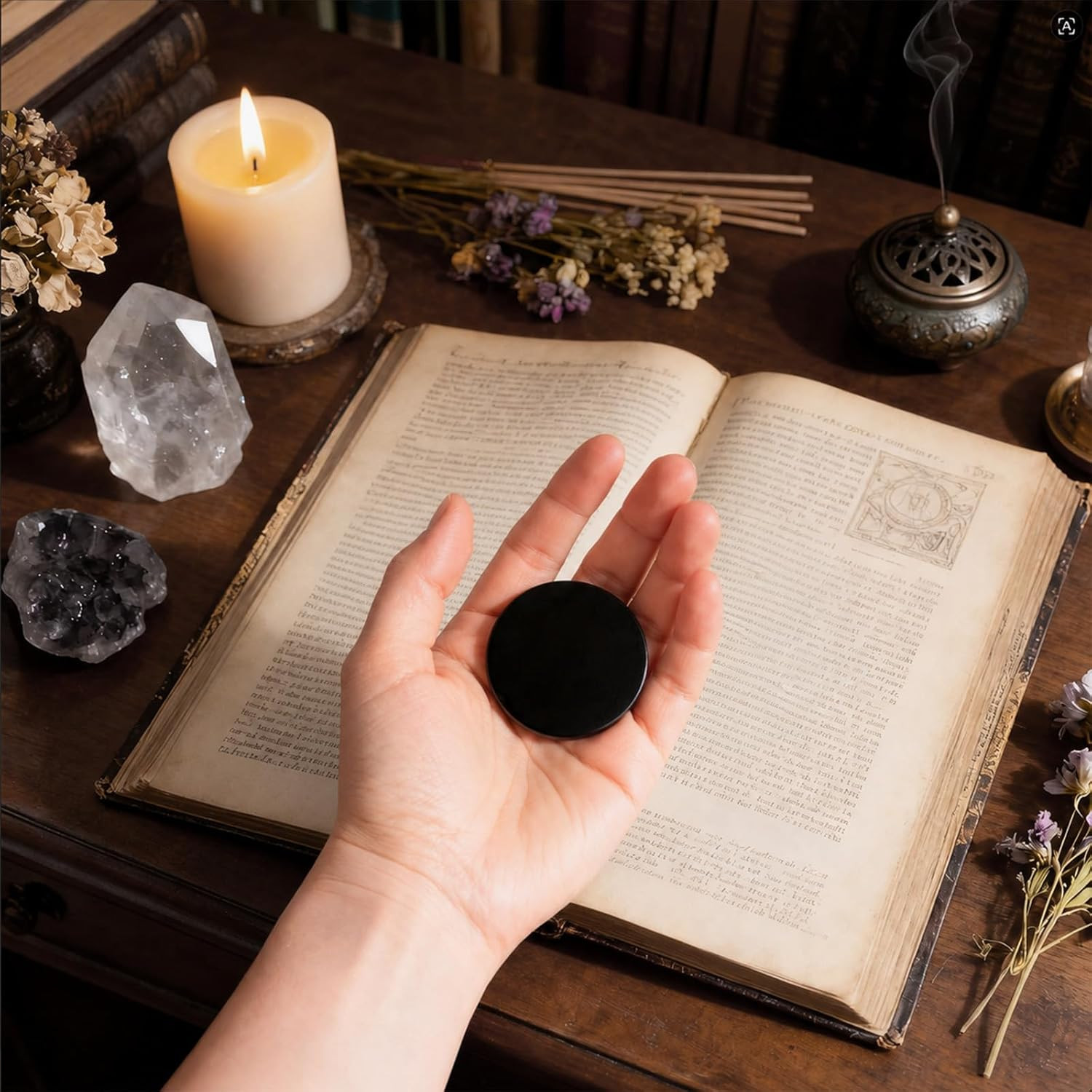 Black Obsidian Scrying Mirror, Black Obsidian Feng Shui Mirror with Stand and St