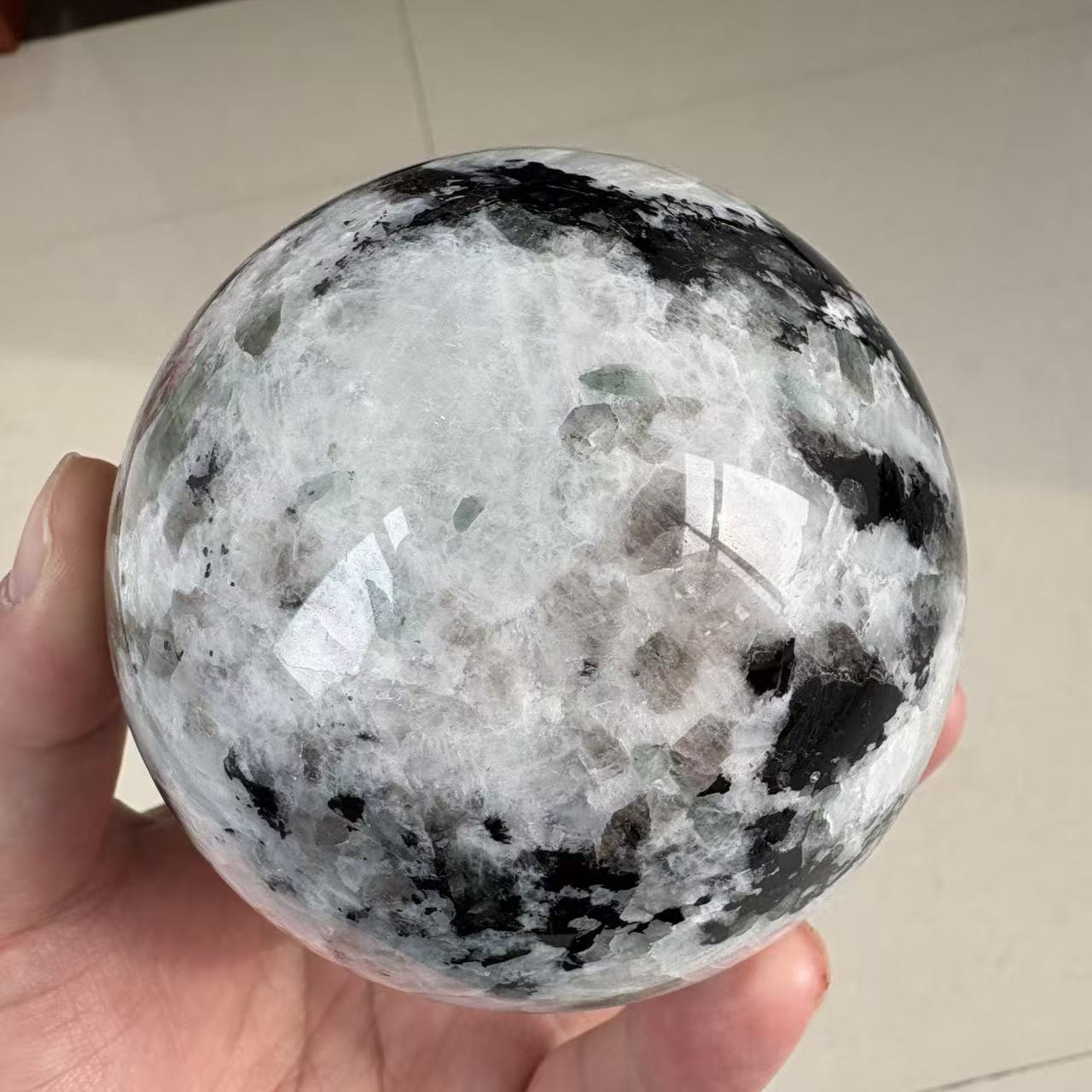2.2LB 3.5″ Natural Black And White Moonstone Sphere Crystal Ball Healing