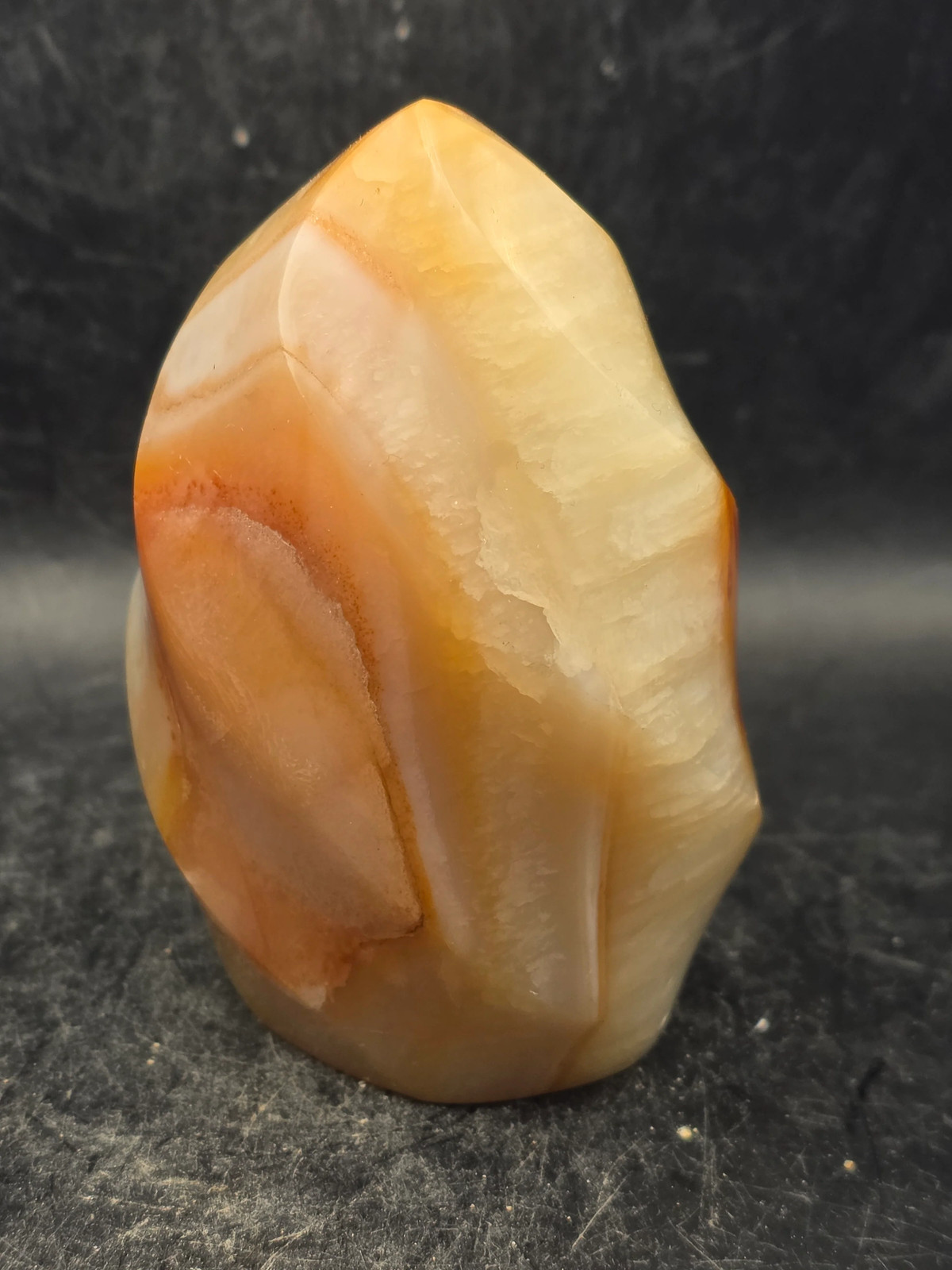 Carnelian agate flame tower! 12 ounces, 3.3 inches tall, 2.2″ wide!