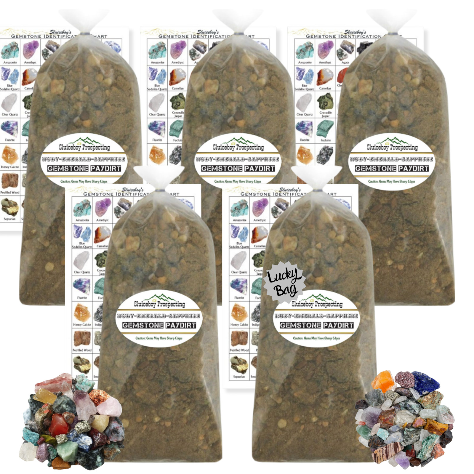 5 Pack “Ruby-Emerald-Sapphire” 5.5lb Gemstone Paydirt | Bulk Deal | Party Ideas
