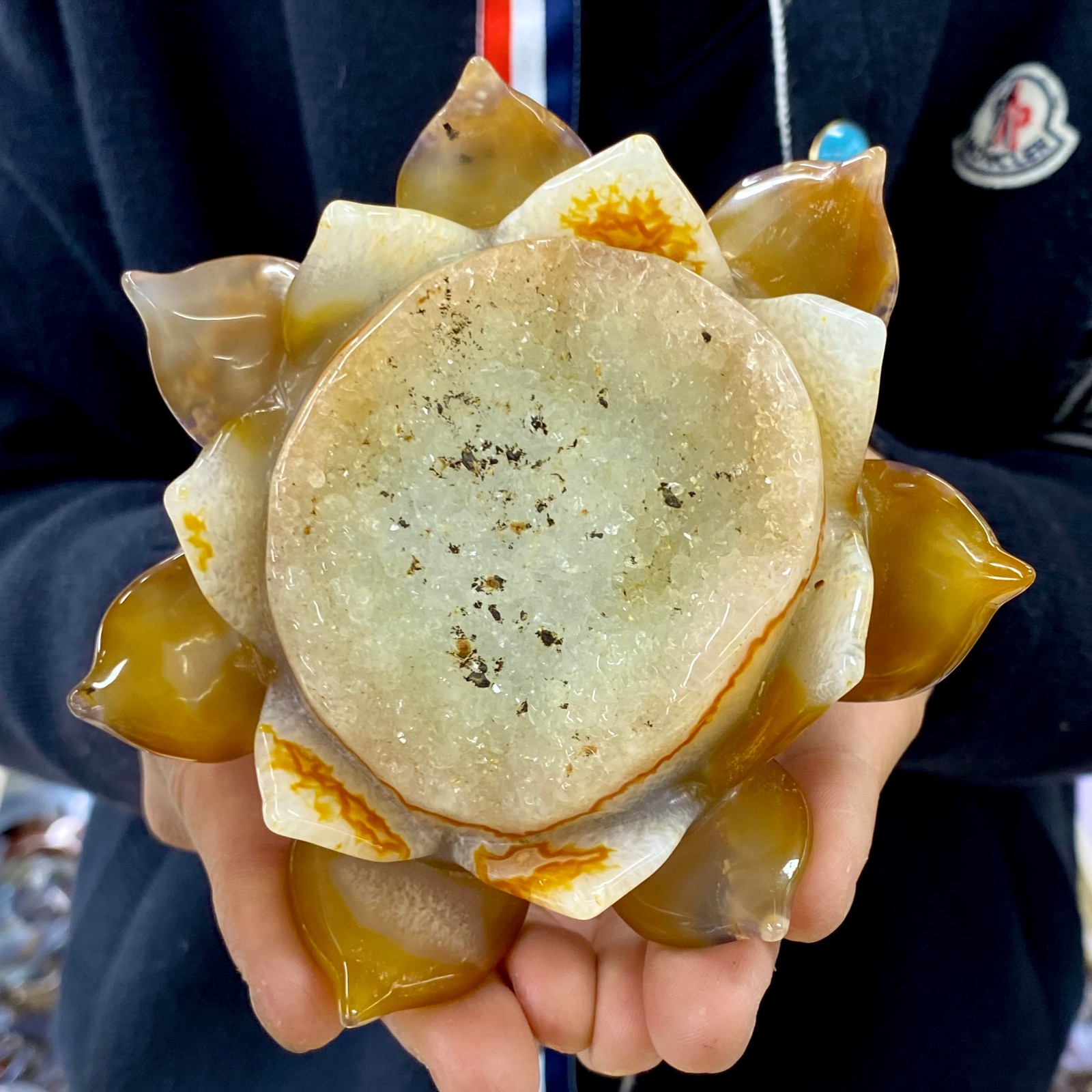 488G Natural Agate Geode Carved Lotus Flower, Hand Carved Healing Crystal Home