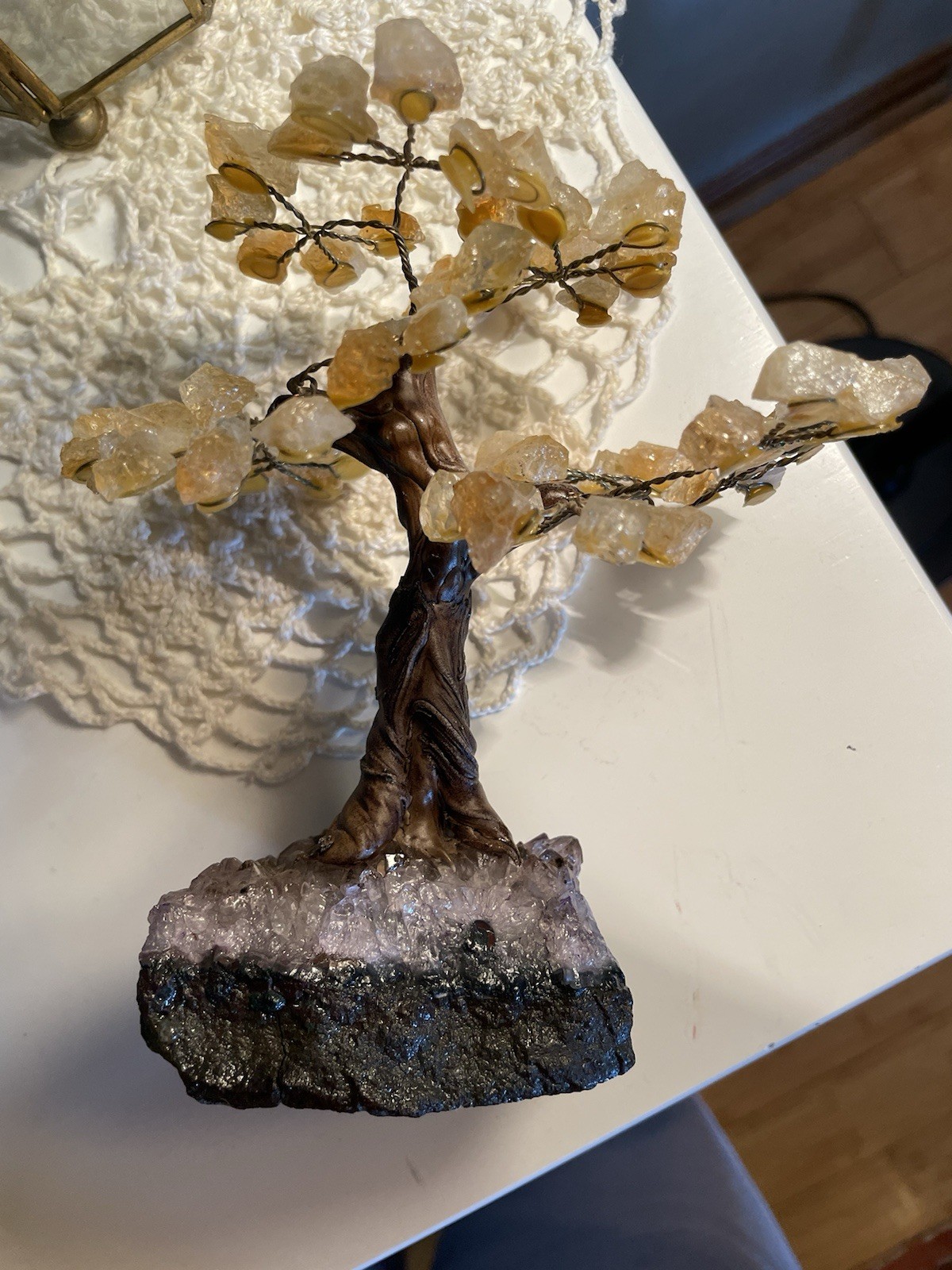 Citrine Gemstone Money Tree with Natural Amethyst Cluster Base Feng Shui Bonsai