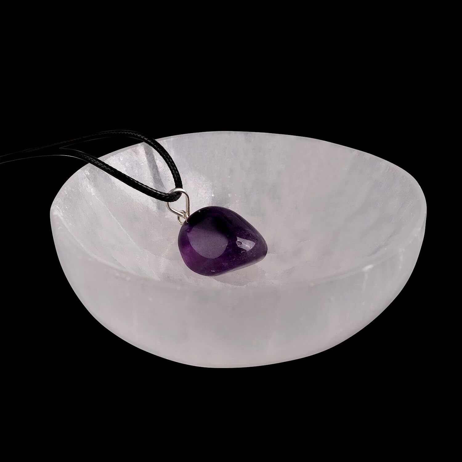 4″ Round Selenite Bowl with Amethyst Necklace – Crystal Bowl to Cleanse & Charge