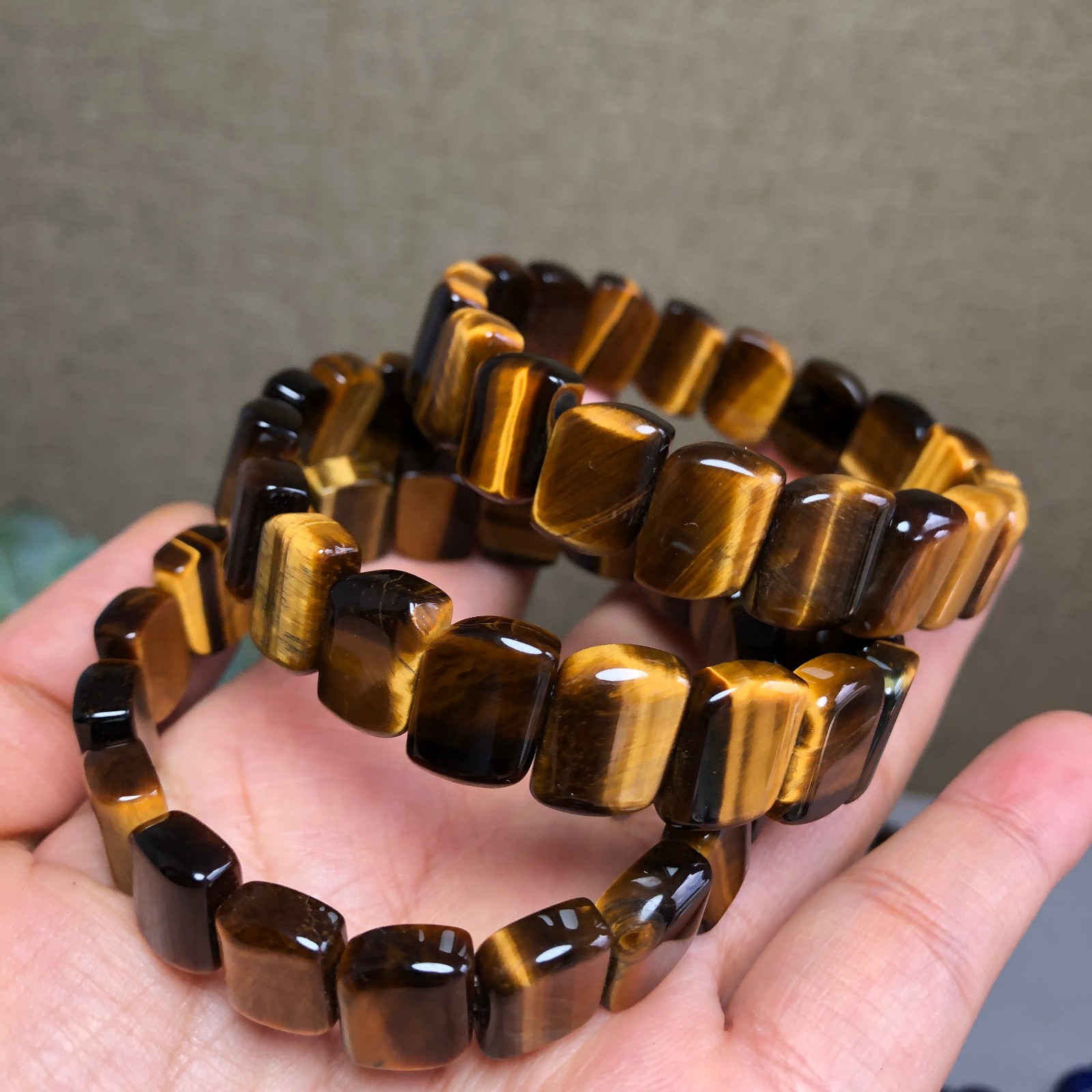 3Pcs Wholesal Natural Polish Yellow Tiger eye stone bracelets flat 12mm g77777