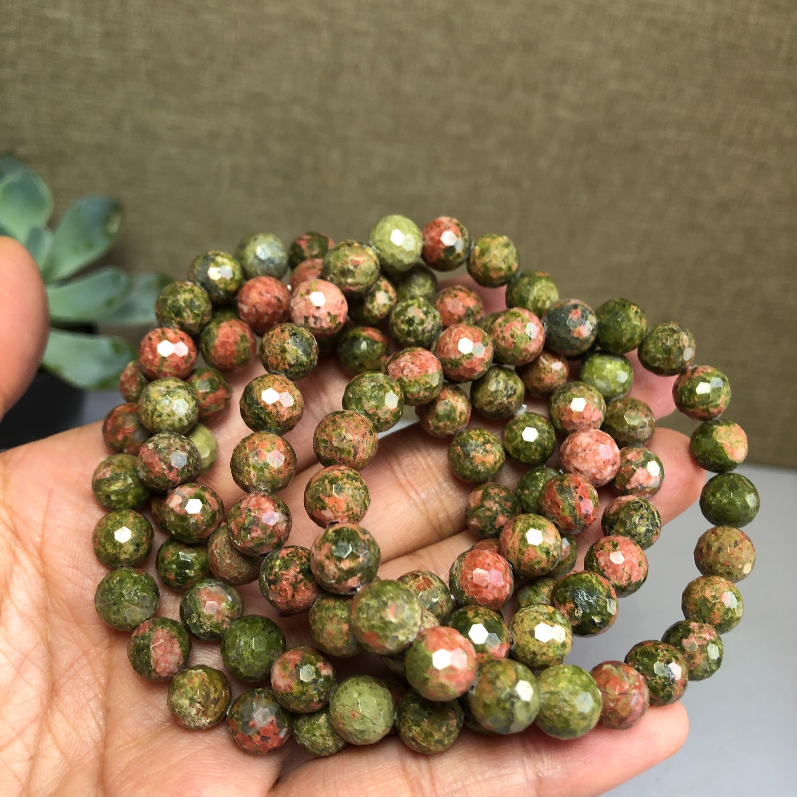 5PcsWholesal Natural Unakite Agate Stone bracelets Crystal ball sphere facet 8mm