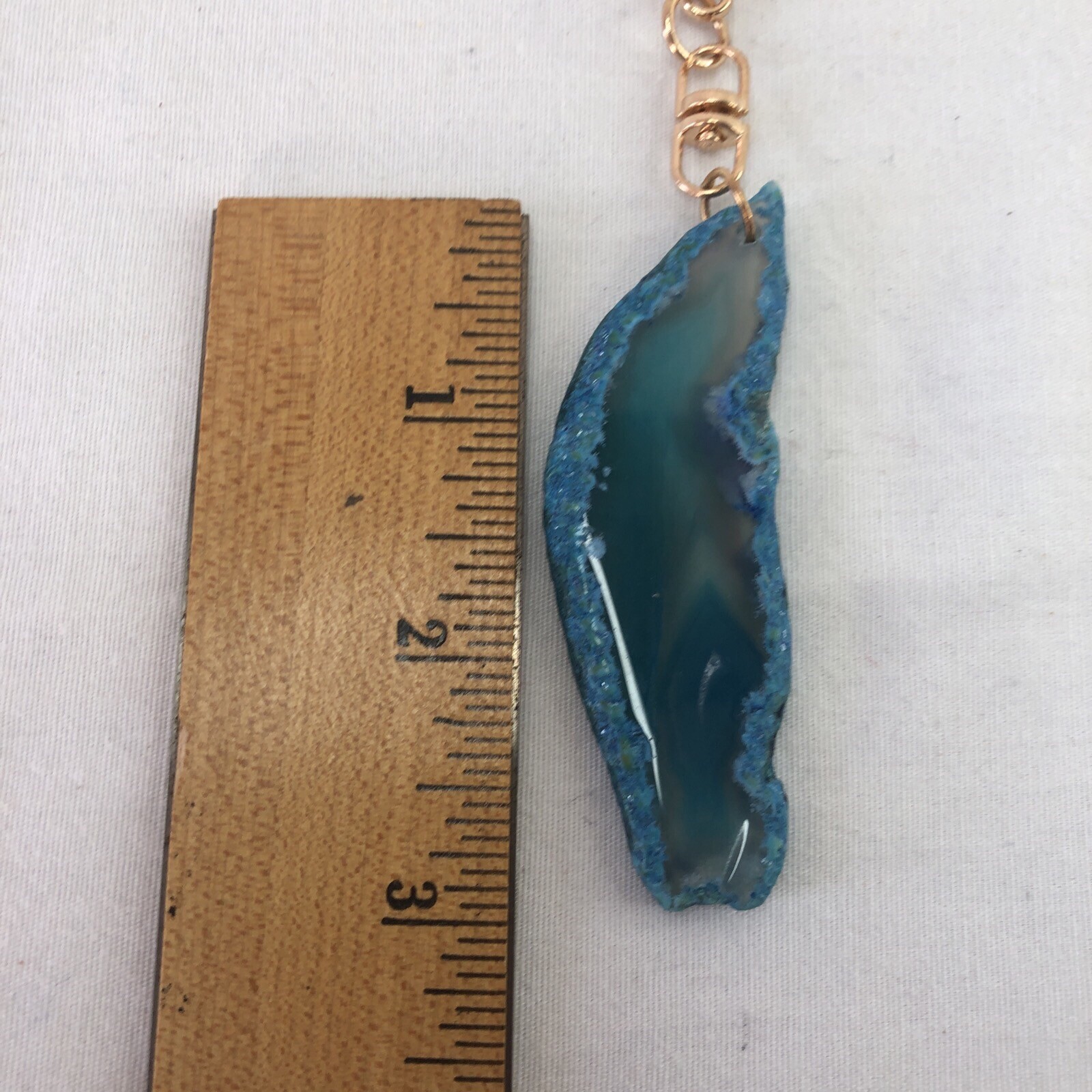 Gorgeous Blue Agate Slice Gemstone Keychain Rose Gold Lobster Claw Clip 3″