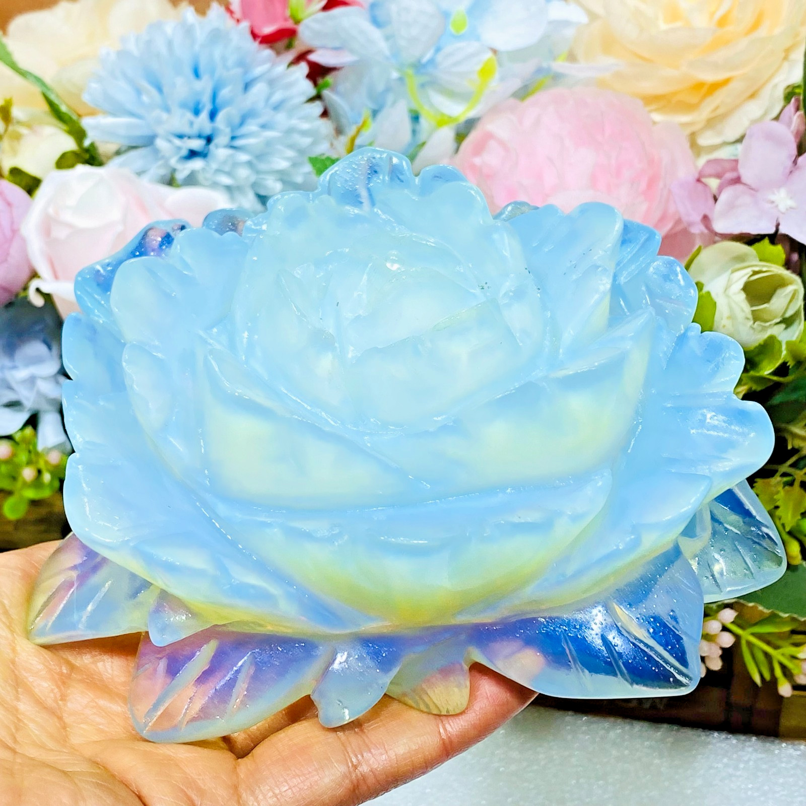A++ 110mm+ Natural Opal quartz Flower hand Carved crystal healing 1PC