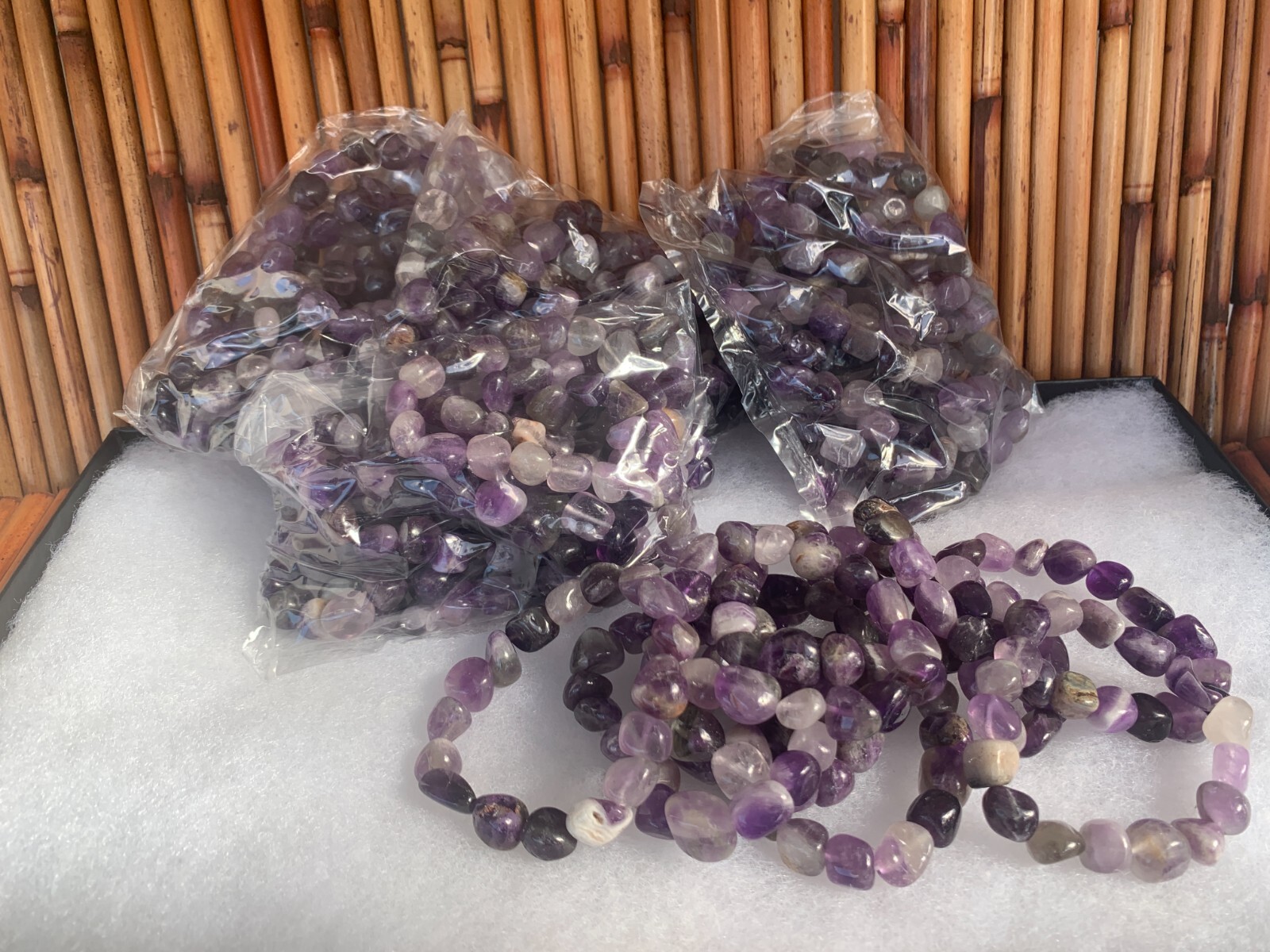 50 Amethyst Tumbled Stone Bracelets Wholesale Lot, Stretch Cord, Healing Jewelry