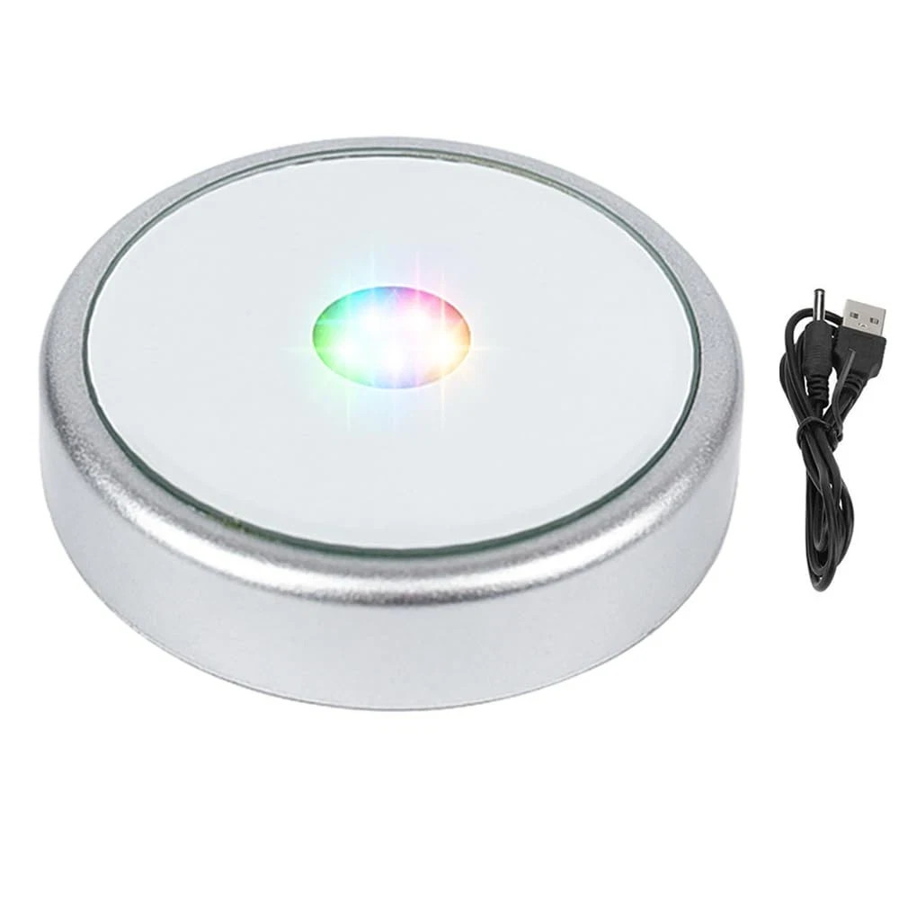 Silver LED Light Base Multimodal Multicolor Round Lighted Stand Crystal Art