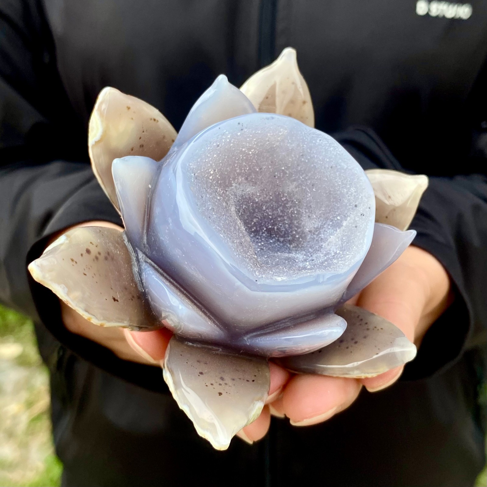 306G Natural Agate Geode Carved Lotus Flower, Hand Carved Healing Crystal Home