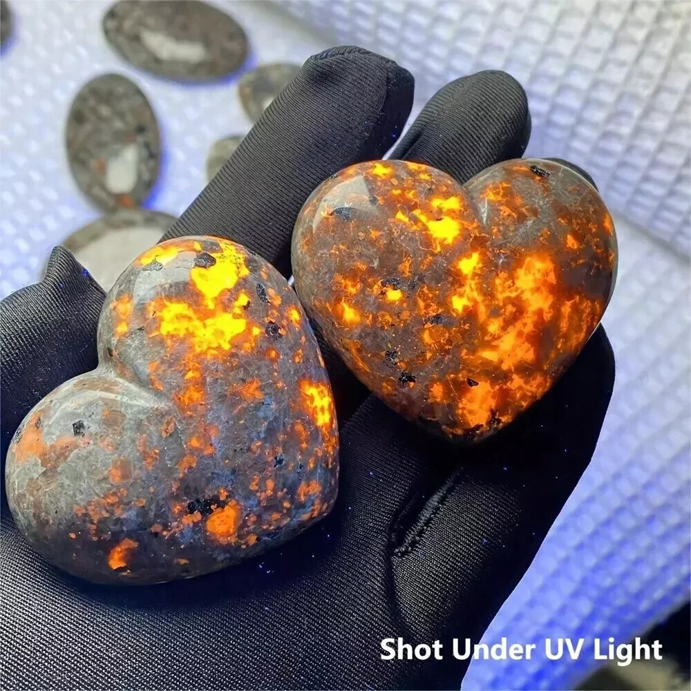Natural Yooperlite Heart Shape UV Fluorescent Glowing Emberlite Fire Rock Stone