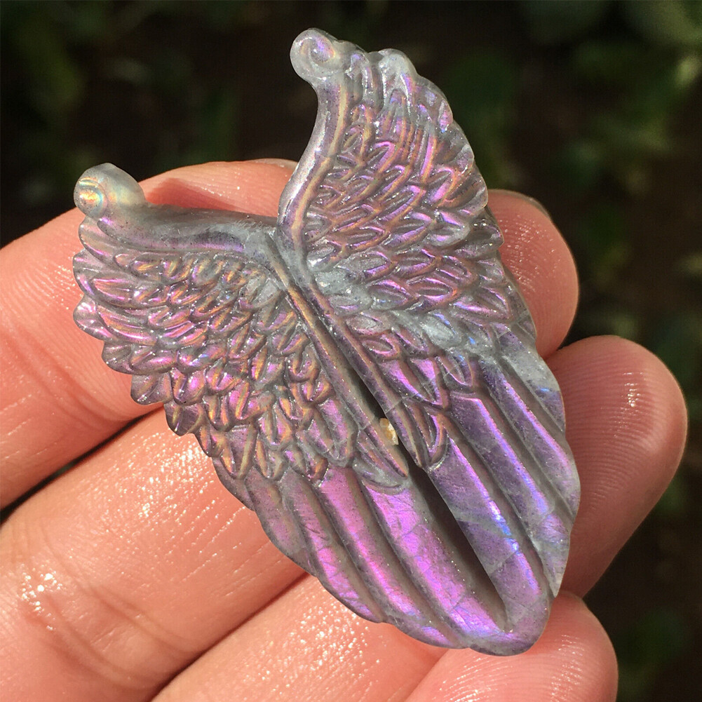 1PCS Natural Purple Labradorite Quartz Hand carved Wing Crystal Reiki healing##