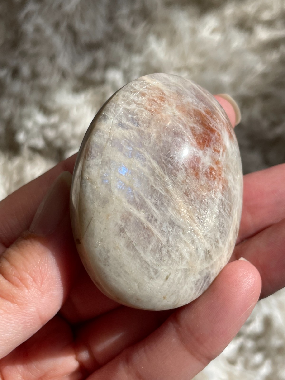 Rainbow Moonstone with Sunstone Palmstone, Medium – Light Flashes (MT)