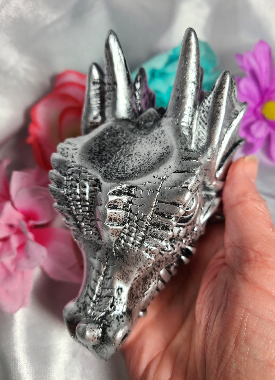 5″ Detailed Silver Dragon Head Skull Sphere Stand Crystal Ball Orb Holder Statue