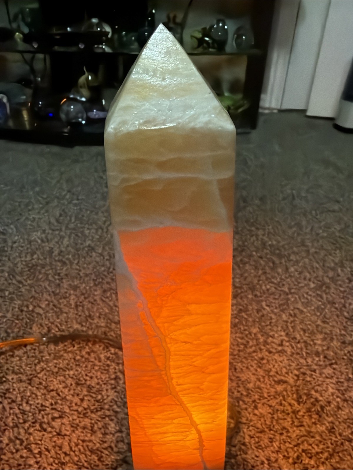 Natural Banded Orange Calcite Quartz Crystal Stone Tower Obelisk Wand Point Lamp