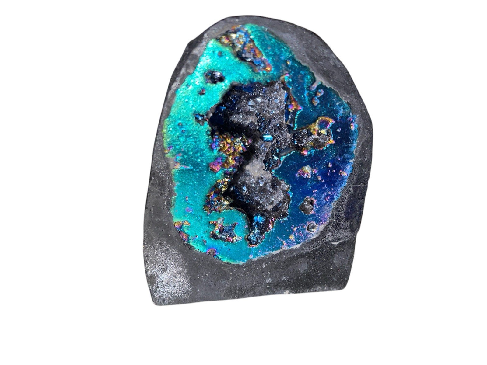 SUNYIK Natural Rainbow Titanium Coated Quartz Geode Quartz Crystal Cluster Sp…