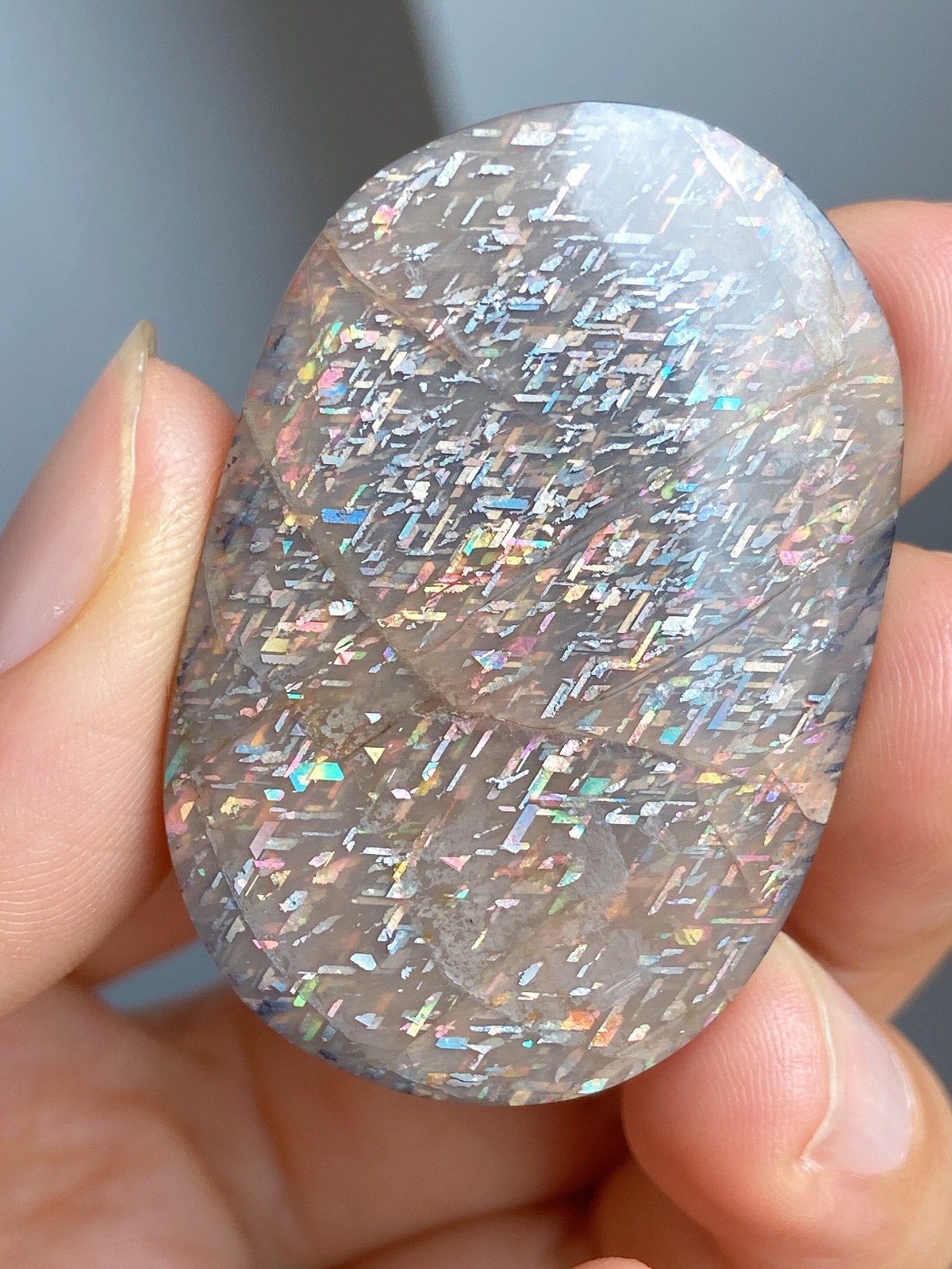 Rare Rainbow Grid Fibrous Sunstone Palm Stone Collector Grade Crystal