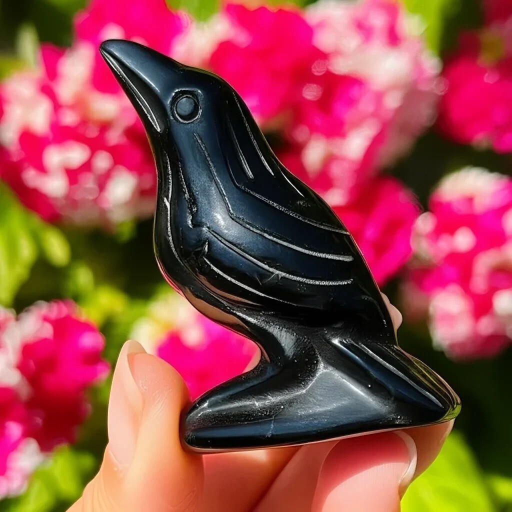 Natural Obsidian Crow Raven Hand Carved Healing Reiki Specimen Decoration Gift