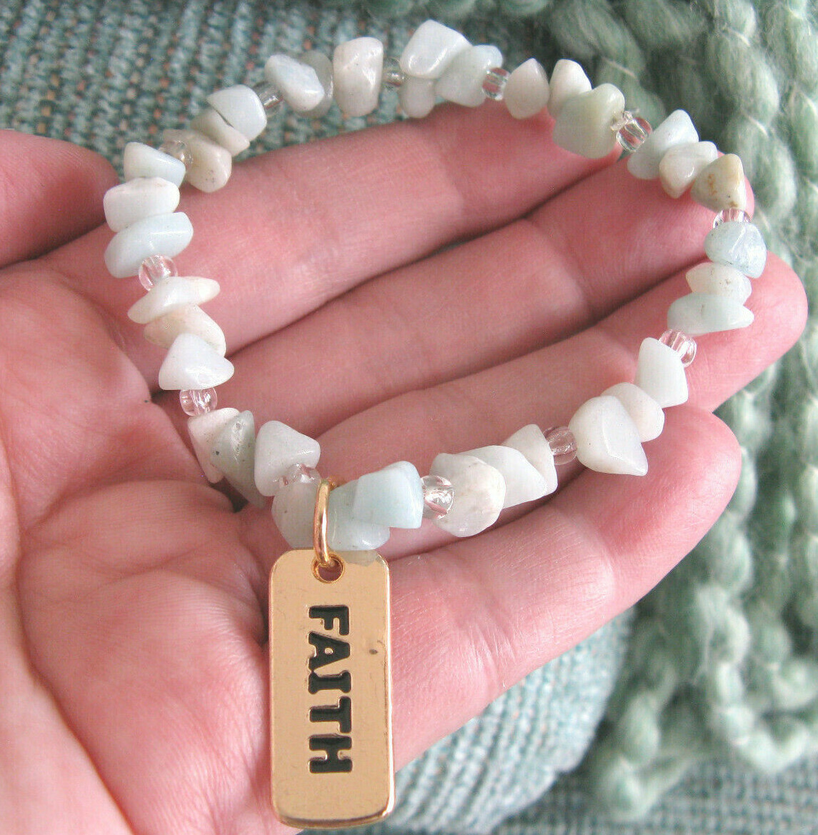 NEW NATURAL RUSTIC AMAZONITE CRYSTAL NUGGET CUFF BRACELET W/ “FAITH” CHARM