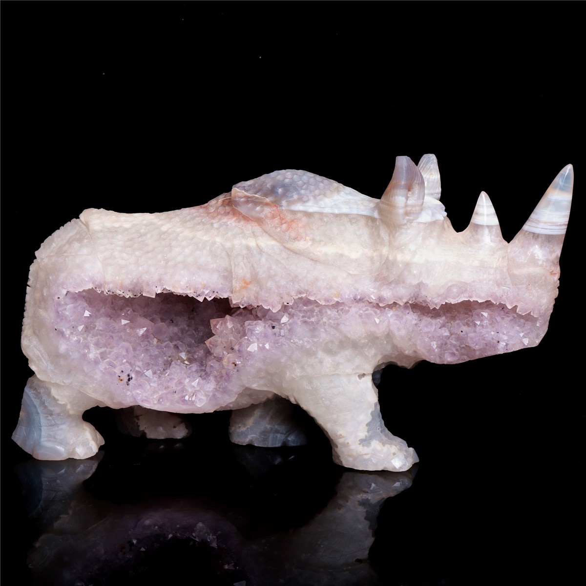 9″ Amethyst Agate Crystal Rhino Figurine Quartz Animal Carvings
