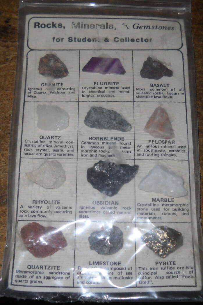 ROCKS MINERALS GEMSTONES SHEET PYRITE QUARTZ MARBLE BASALT FELDSPAR HORNBLENDE