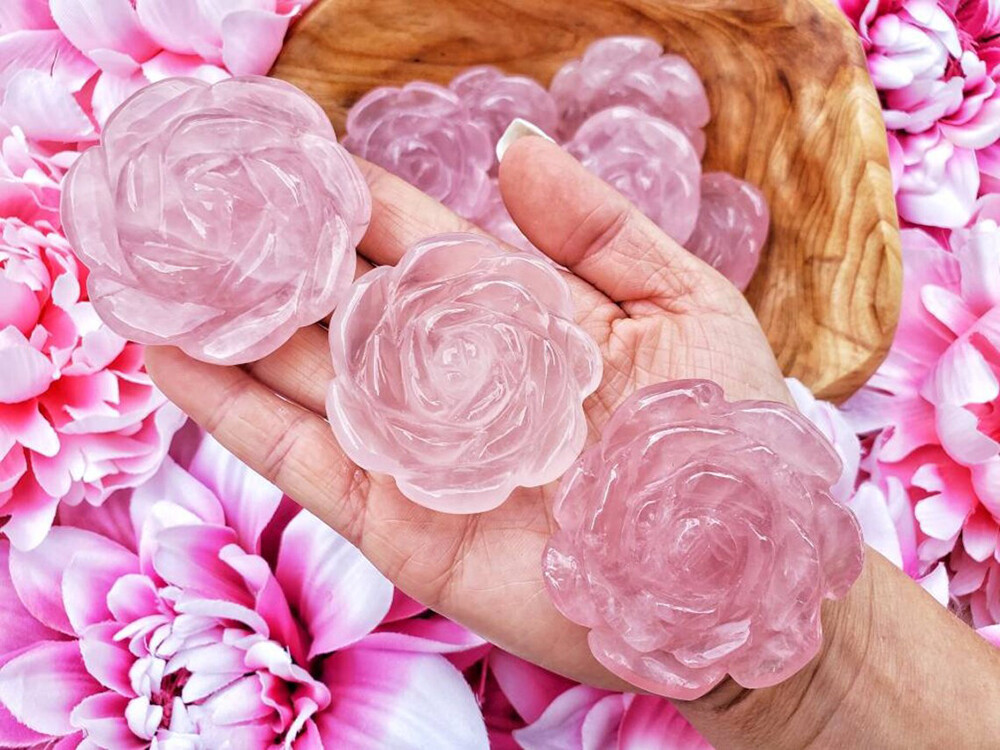 2″ Natural Rose Quartz Flower Rose Hand Carved Crystal Skull Reiki Healing