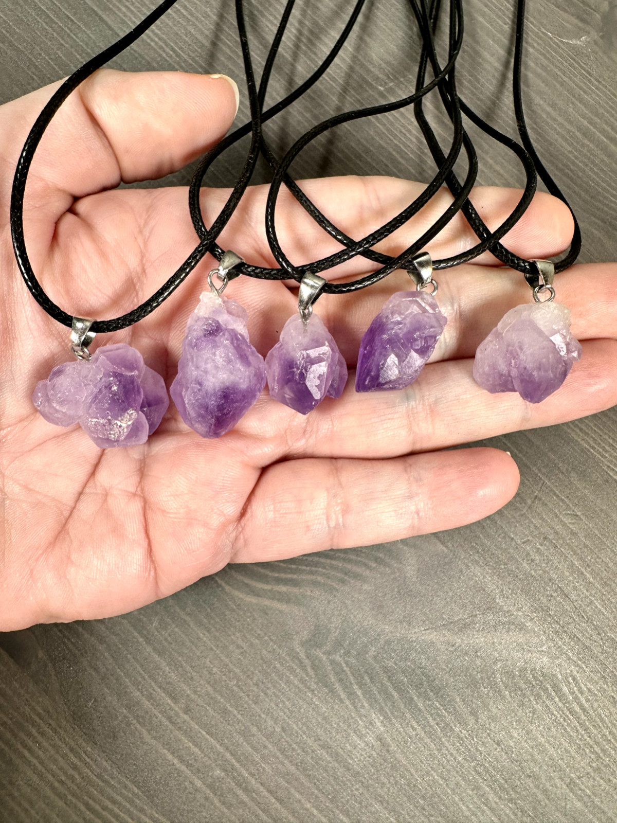 FIVE Raw Amethyst Pendant on 18″ cord, random pull 3/4-1in” each Lot 221