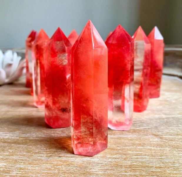 Natural Red Cherry Quartz Tower Point Obelisk Healing Wand Mineral Specimens