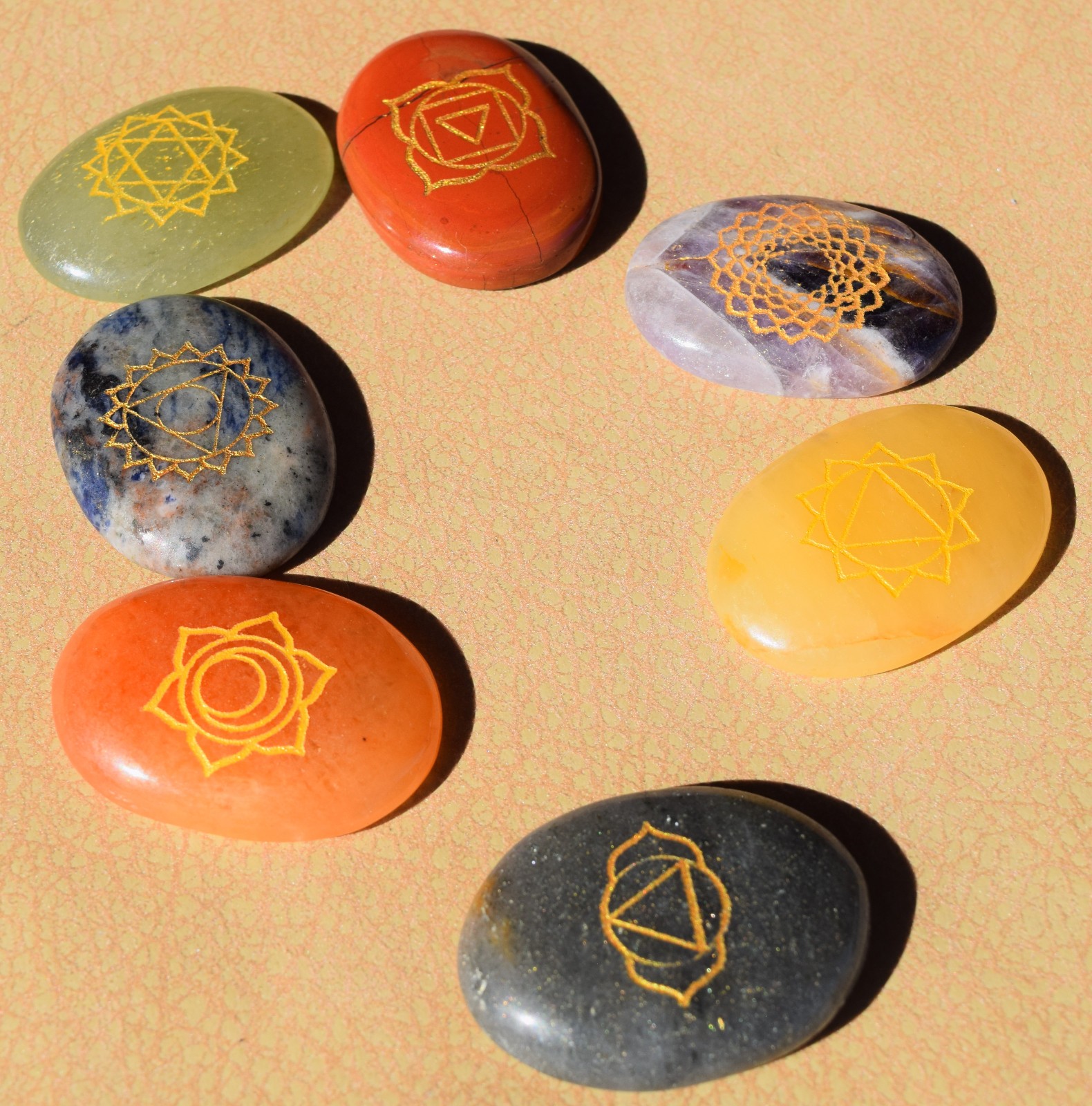 7 Engraved Chakra Symbols Oval Pocket Stone Set Polished Worry Stones