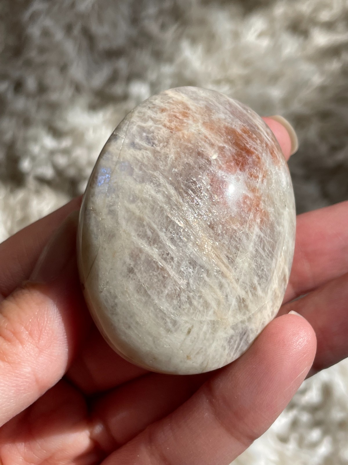 Rainbow Moonstone with Sunstone Palmstone, Medium – Light Flashes (MT)
